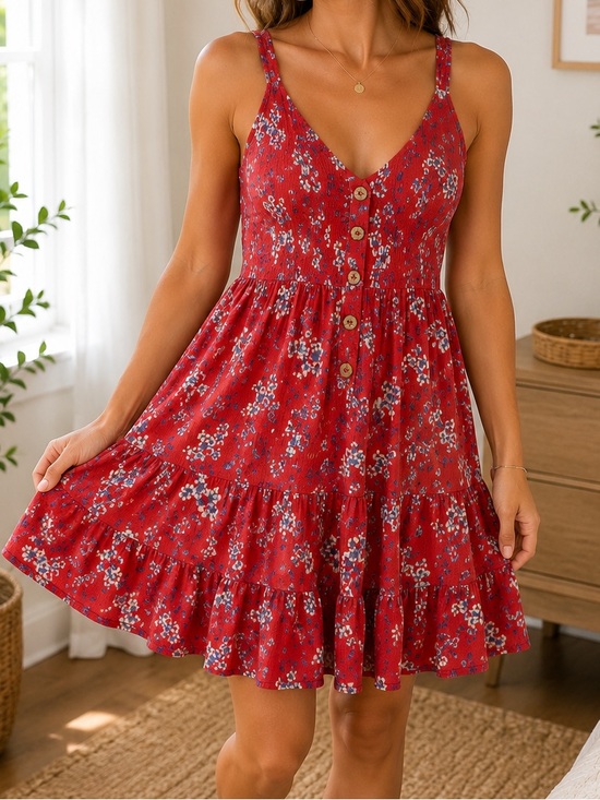 Dresses & Skirts - Red Floral Button-Front Smocked Sundress